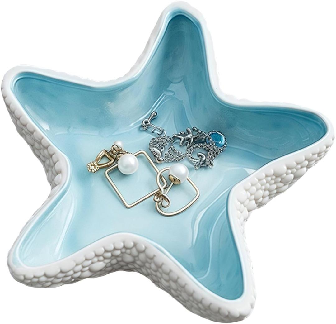Starfish Jewelry Dish Ceramic Holder Ring Trinket Tray, Ocean-themed Decorative Trinket Dish, Suitable for Mother Friend Sister, Gifts for Women, Home Decor Trinket Dish(Sea Blue)