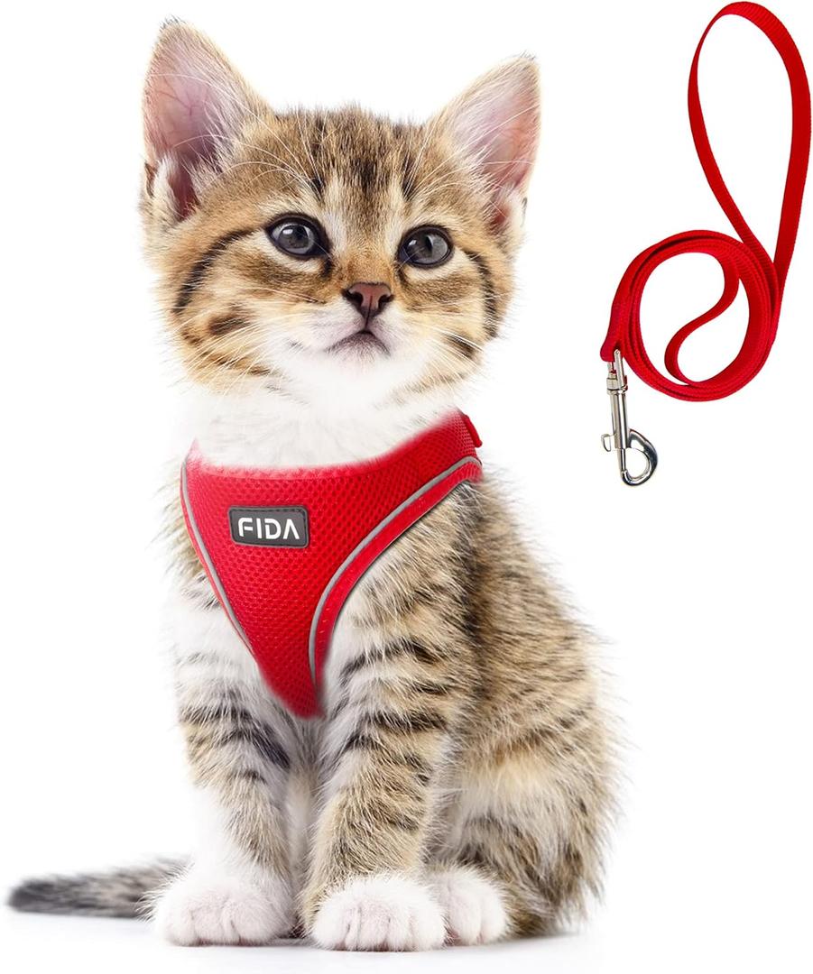 Fida Cat Harness and Leash Set for Walking Kitten and Puppy, Escape Proof Kitten Harness with Breathable Lightweight Soft Mesh, Adjustable Reflective Step-in Design for Kitten and Puppy (XXXS, Red) (XXXS (Neck:10.2"-11.4"; Girth: 11.4"-12.6"))