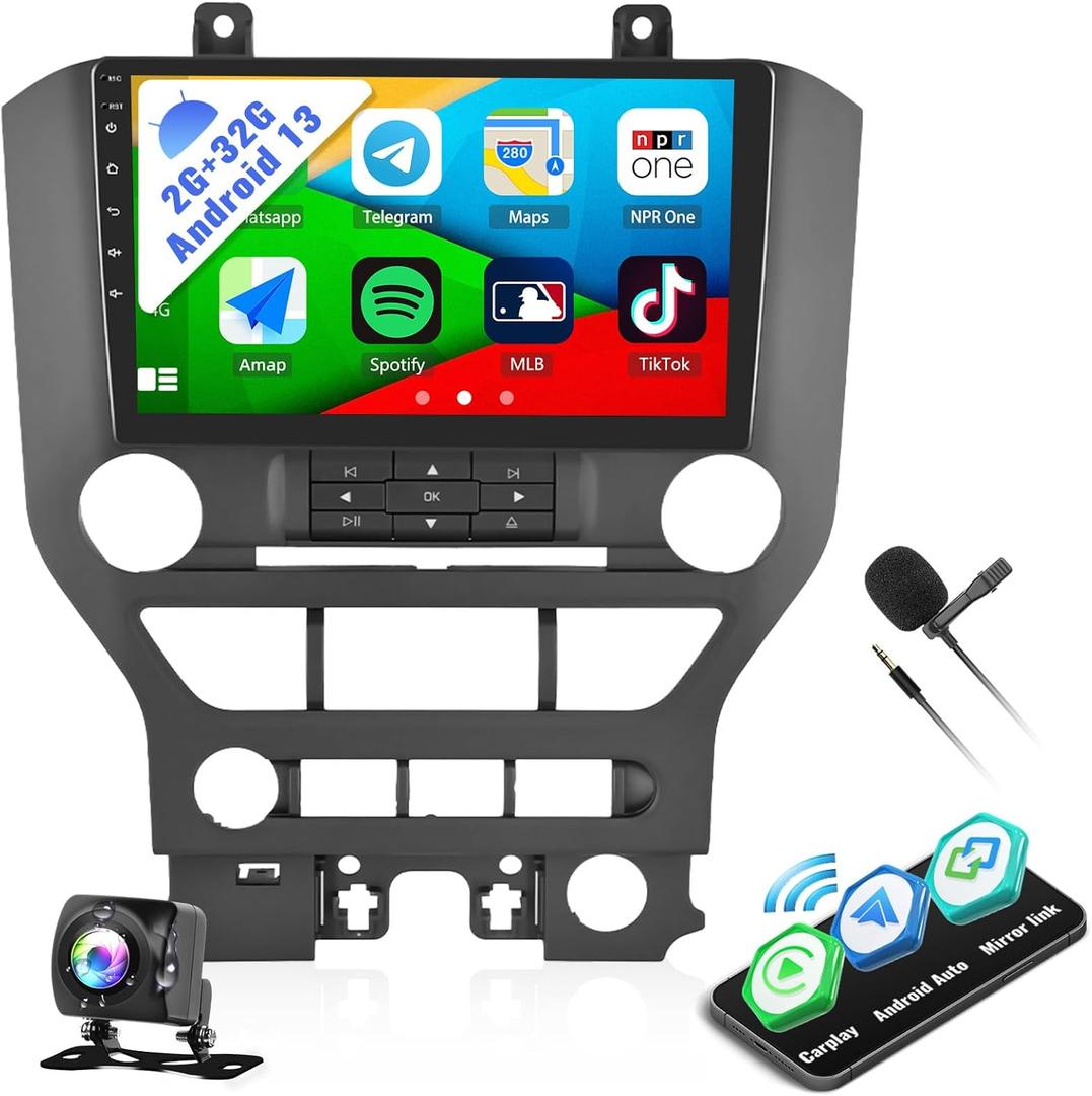 SIXWIN 2G+32G Android 13 Car Radio for Ford Mustang 2015-2020 with Wireless Carplay Android Auto Mirror Link 26UI Bluetooth 9 inch Touchscreen with GPS Navigation WiFi EQ FM Backup Camera MIC