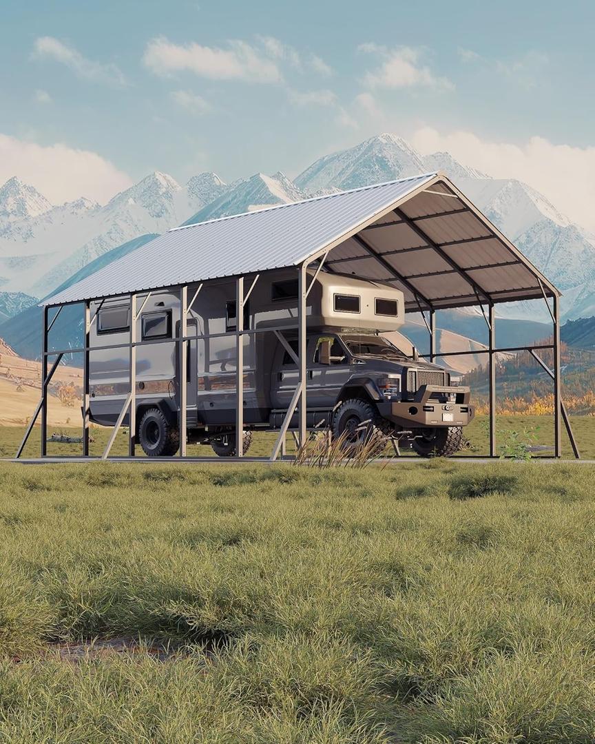 Garvee 20x25 ft Metal Carport Kit, 120 Steep-Pitch Vertical Roof for Snow Shedding, 173" High-Clearance RV & Tractor Shelter, Heavy-Duty 2 Cars Car Port with Reinforced Frame (White1)