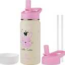 16 oz Stainless Steel Insulated Kids Water Bottle, Leak Proof Metal Thermal Flask with Straw lid, Cute Toddler Tumbler Cup for School Girls & Boys (Pink, Bunny)
