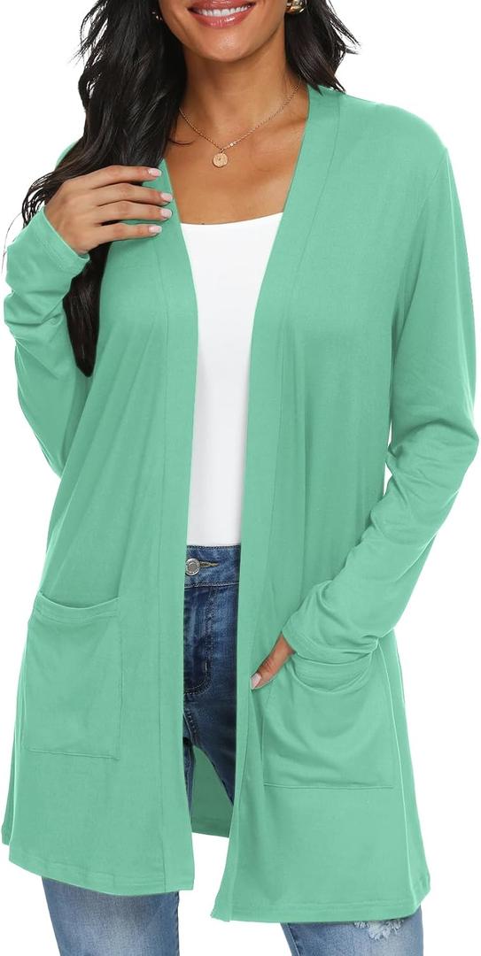 Womens Casual Lightweight with Pocketes Long Sleeve Open Front Cardigan (Teal, L)