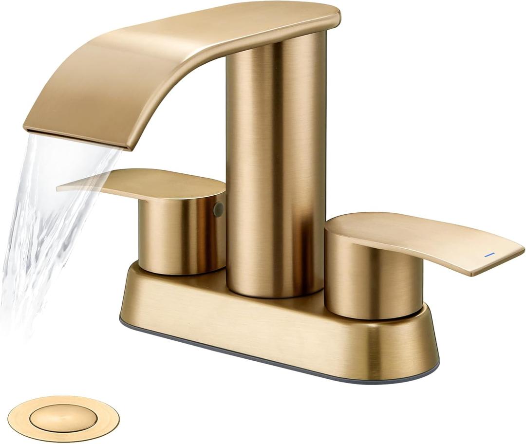 Ultimate Unicorn Bathroom Faucet for Sink Champagne Bronze, 4 Inch Bathroom Faucet for 3 Hole or 2 Hole, 2 Handle Waterfall Faucets with Pop up Drain, Centerset Faucets for RV Counter