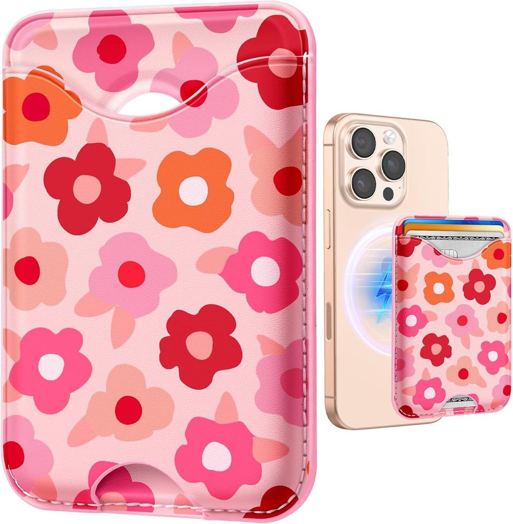 Shorogyt Compatible with Magsafe Wallet Magnetic Card Holder - Little Flower Phone Wallets for Women Girls Cute Pattern for iPhone 16/15/14/13/12 Series Slim for Apple Mag RFID Magnet, Fit 3 Cards