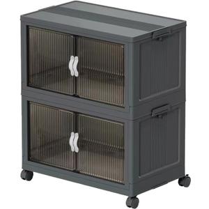 Stackable Storage Bins, Plastic Collapsible Storage Bins with Lid and Wheels, Folding Closet Organizer Clear Doors, Foldable Cabinet Storage Boxes for Home, Pantry, Office, Dorm (M, Gray 2-Tier)