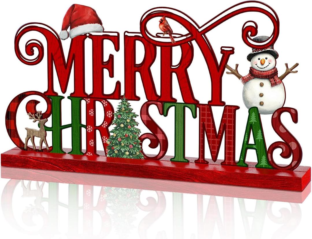 Metal Merry Christmas Sign 11.8 Inch Christmas Table Decoration Red and Green Xmas Metal Word Sign Centerpiece with Wooden Base for Home Tiered Tray Party Tabletop Mantel Fireplace