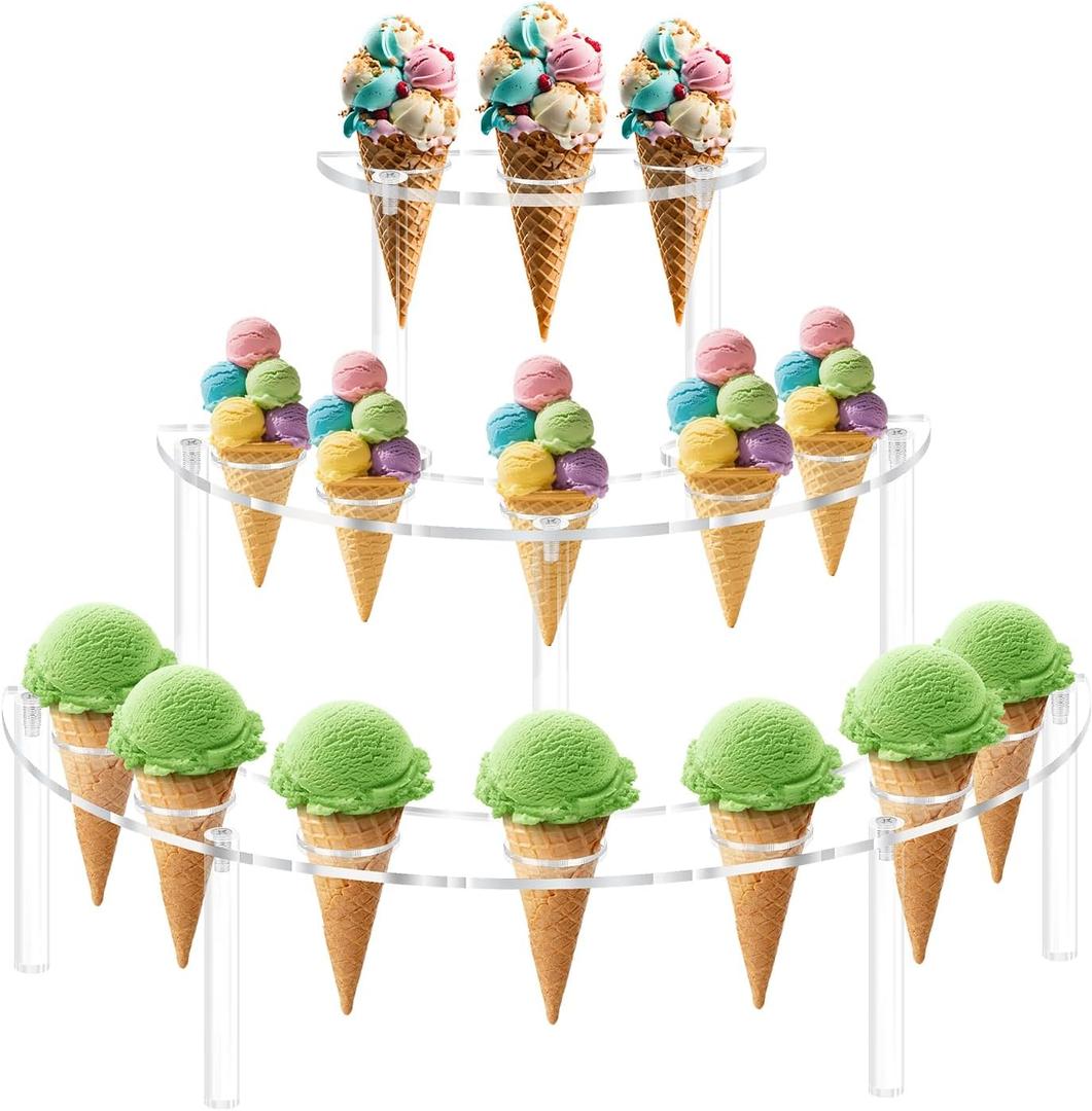 15 Holes Acrylic Ice Cream Cone Holder, 3 Tier Clear Food Display Stand Rack, Half Moon Cone Display Stand for Birthday Parties, Weddings, Christmas