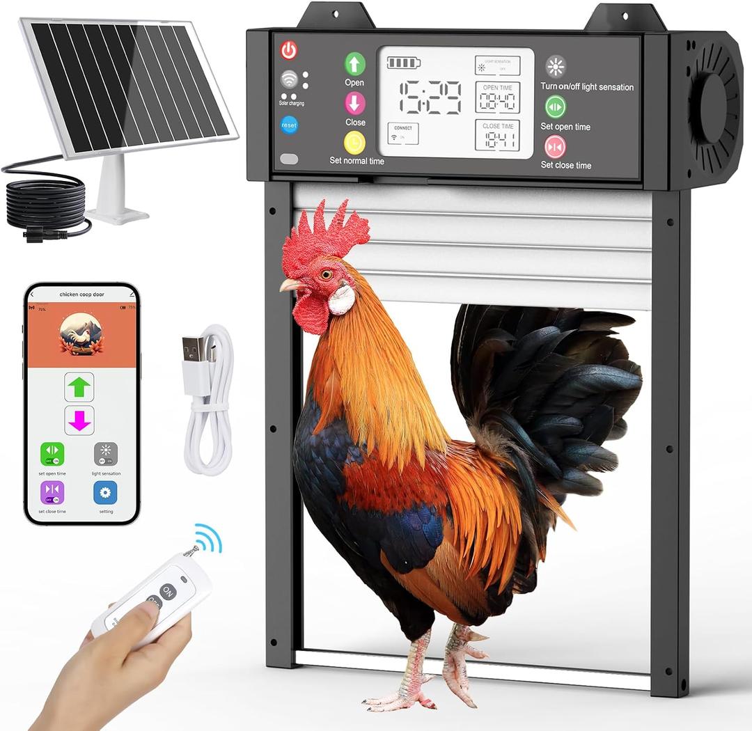 Automatic Chicken Coop Door, Smart TUYA APP Controlled, WiFi Enabled, Door Status Detection, Solar Powered, Anti Pinch, Auto Chicken Door with Timer & Light Sensor, LCD Display, 5 Modes