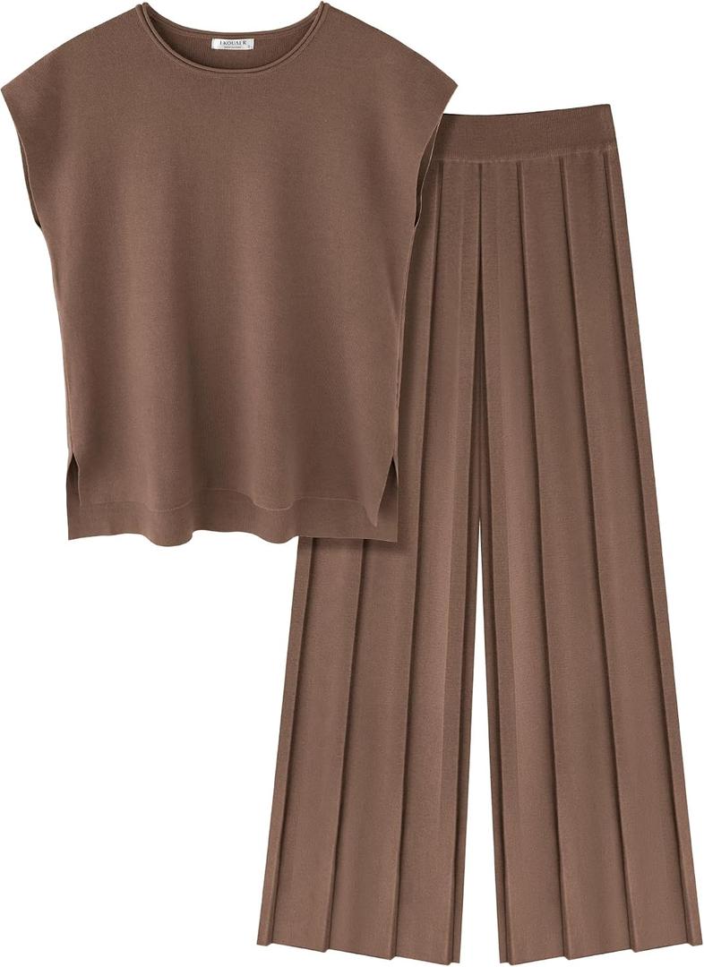 Ekouaer Lounge Sets for Women Two Piece Outfits Knit Cap Sleeve Tops Wide Leg Pleated Pants Casual Dressy Sweater Sets (Brown, M)