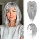 HOOJIH Hair Topper for Women with Thinning Hair 4x2.5inch Base Real Human Hair Topper with Bangs Handmade Invisible Lace Front Topper - Light Gray