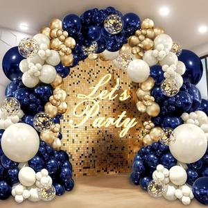 Navy Blue Gold Balloon Graland Arch Kit, Double Stuffed Pearl White Royal Blue Chrome Gold with Confetti Balloons for New Year Graduation Birthday Wedding Party Decorations