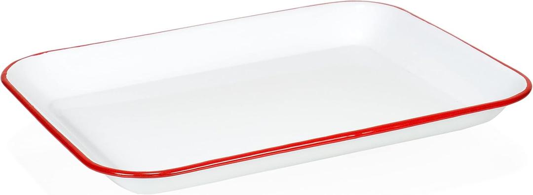 Red Co. 13.5 x 10 Enamelware Metal Classic 1.6-Quart Rectangular Serving Tray, Solid White/Red Rim