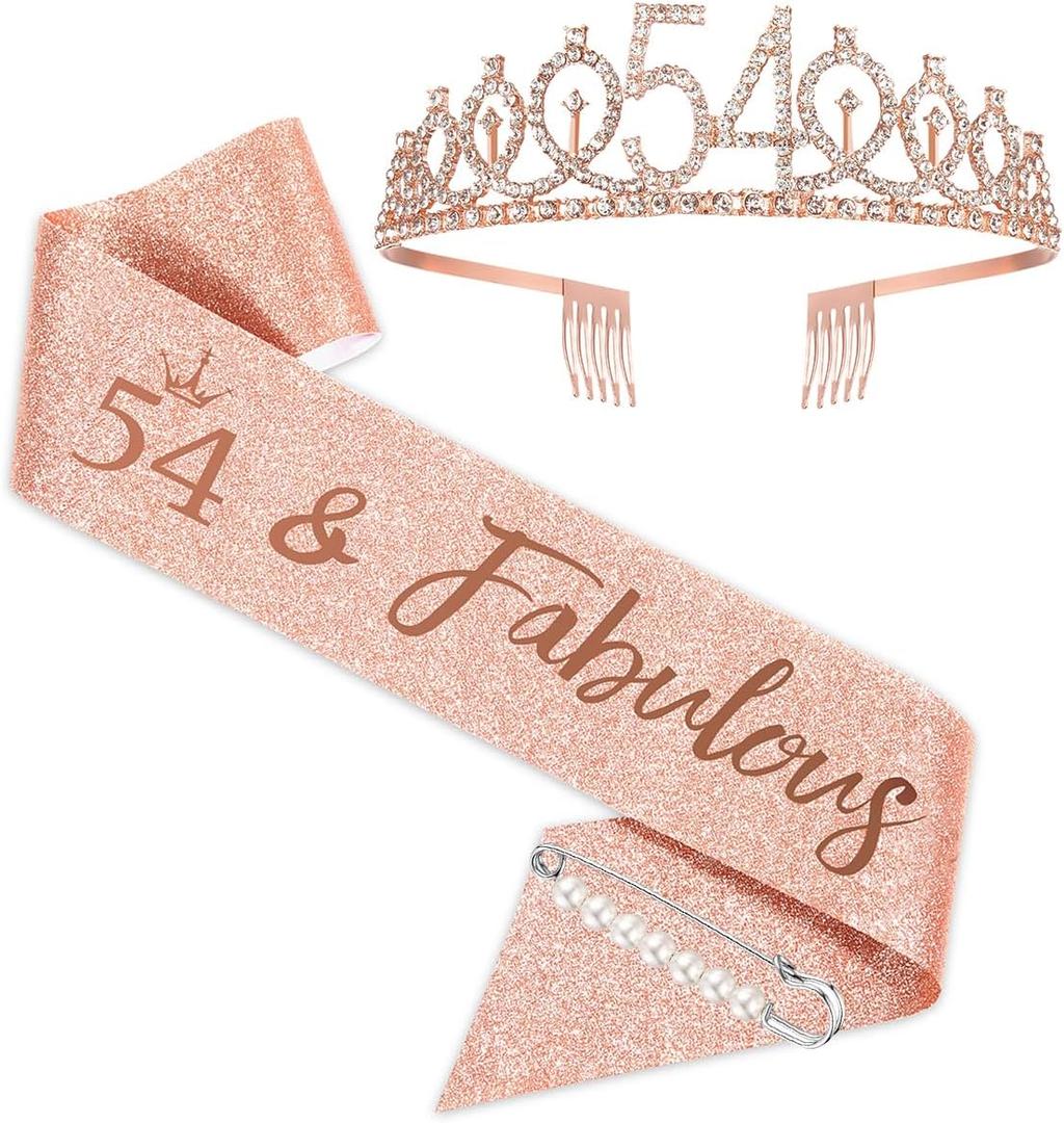 BRT Bearingshui Fabulous Sash and Tiara for Women, Rose Gold Birthday Crown for 54th Birthday Party Favor Supplies Rose Gold