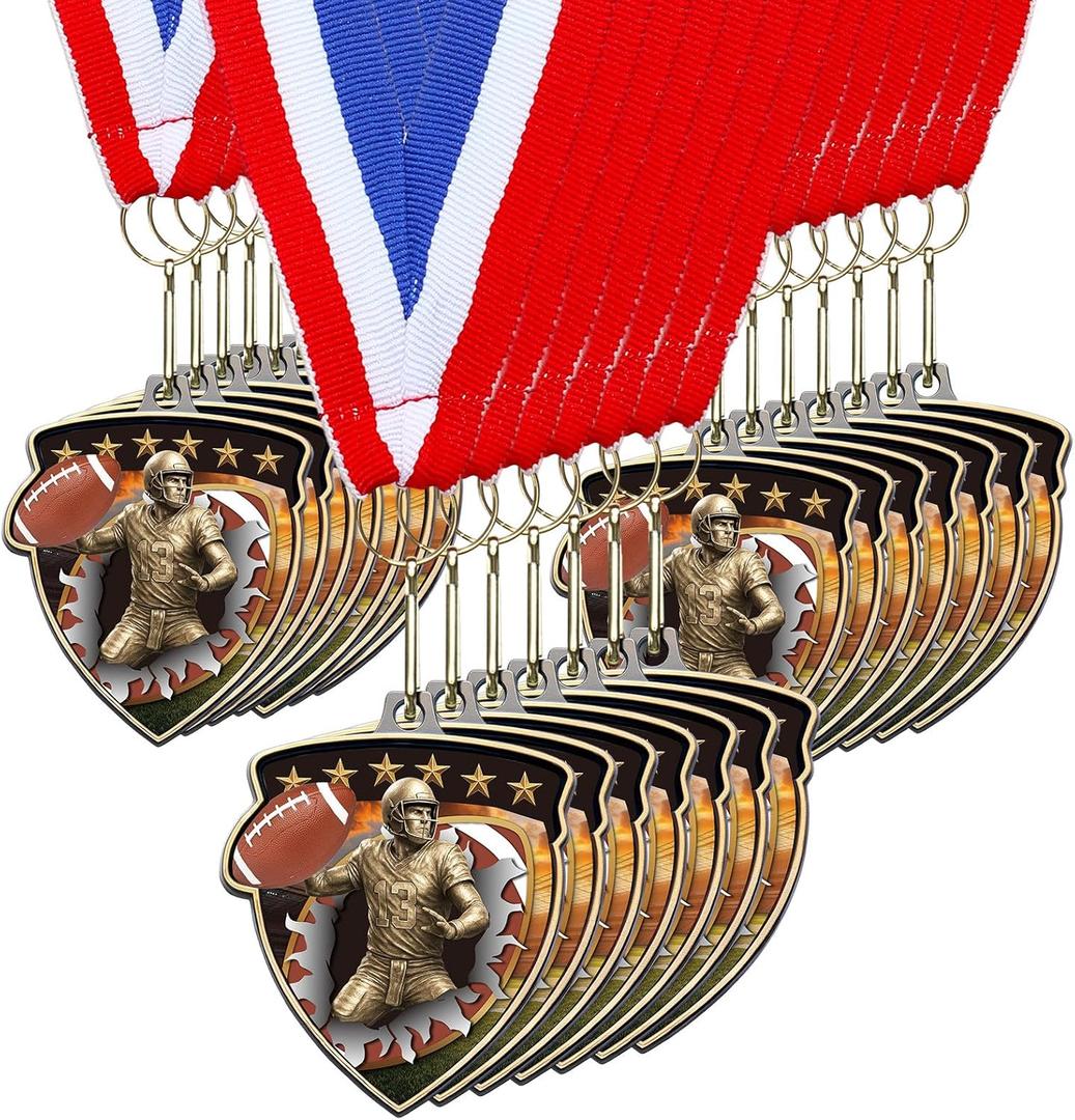 Remuuly Award Medals Bulk Soccer Football Basketball Tennis Cheer Metal Winner Award Medals 3.35'' Shield Shape with Neck Ribbons Sport Team Participation Prize Gift