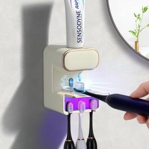 Automatic Electric Toothpaste Dispenser, Wall Mounted with 3 Toothbrush Slots, for Kids and Adults (Beige)