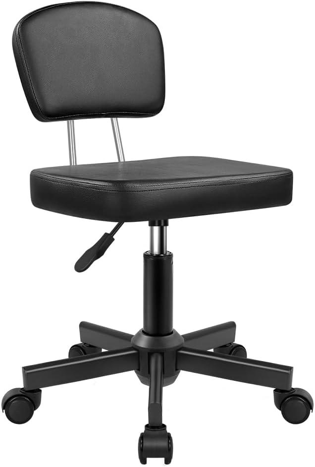 Rolling Stool Chair with Backrest Height Adjustable 360 Swivel Stool with Wheels Square Seat PU Leather Rolling Stool for Bedroom Counter Shop Salon Massage Home Office Drafting Work (Black)