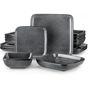 vancasso Stern Gray Dinnerware Set Square Reactive Glaze Tableware 16 Pieces Kitchen Dinnerware Stoneware Crockery Set with Dinner Plate, Dessert Plate, Bowl and Soup Plate Service for 4