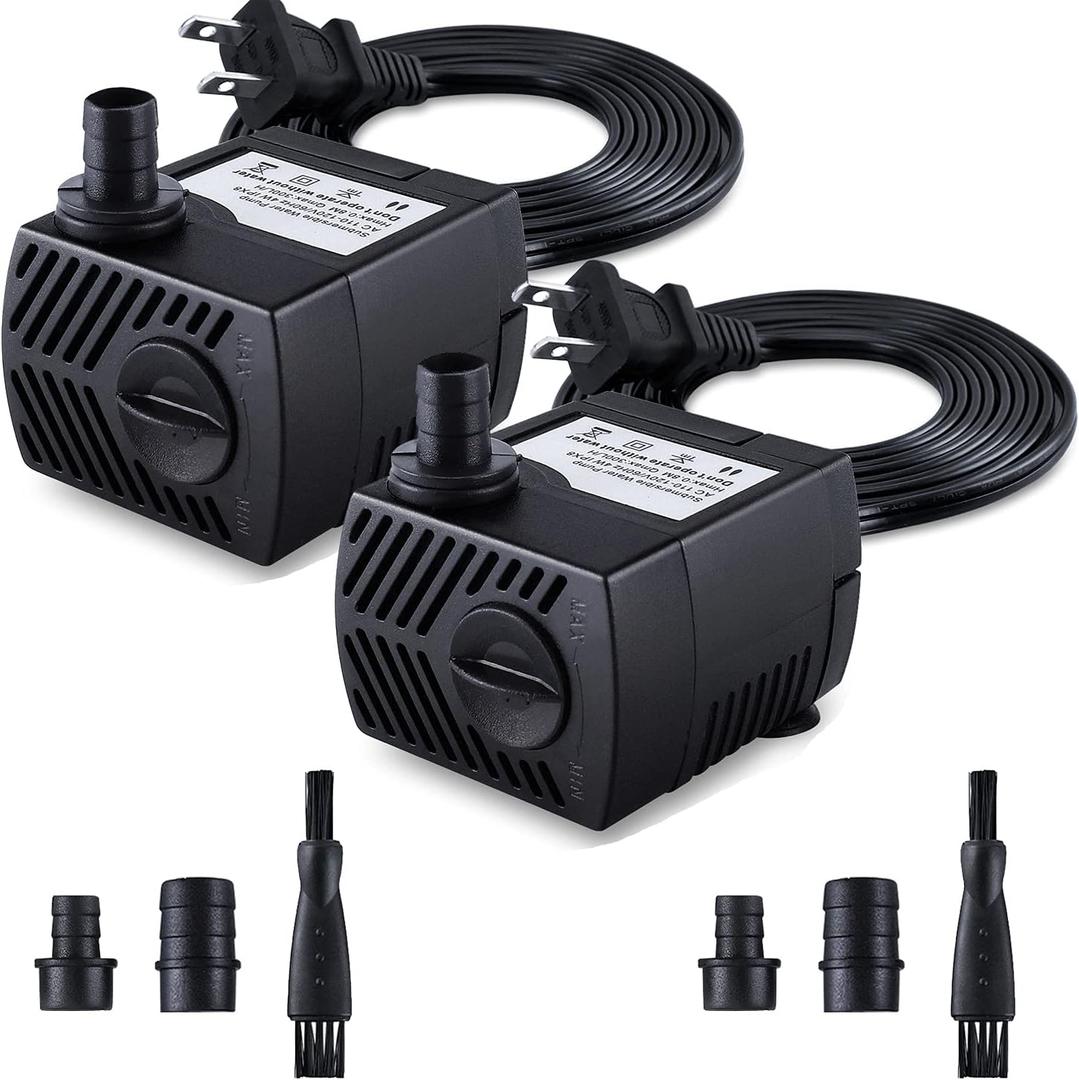 Fountain Pump, 2 Packs 80GPH(4W 300L/H) Submersible Water Pump, Durable Outdoor Fountain Water Pump with 7.2ft2.2m Power Cord, 3 Nozzles for Aquarium, Pond, Fish Tank, Water Fountain Pump