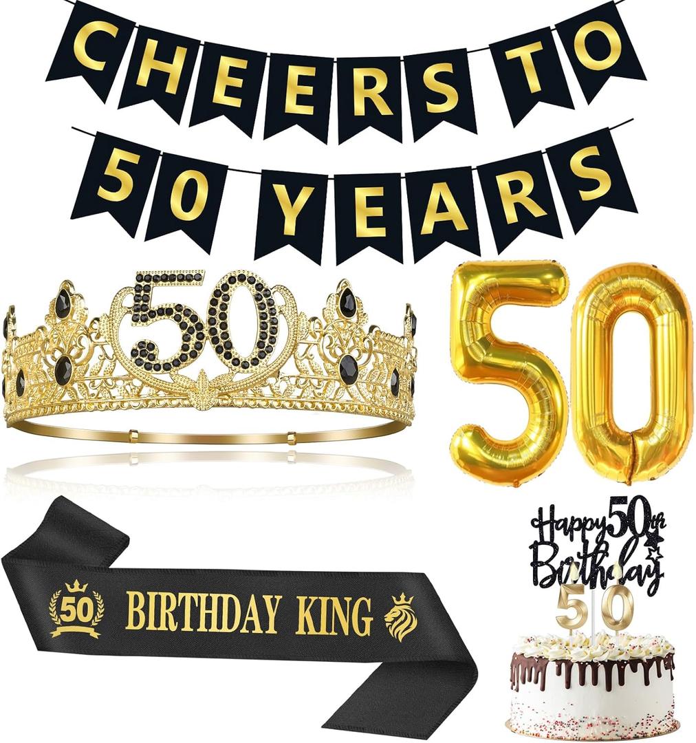 50th Birthday Gifts for Men, 50th Birthday Decorations for Men, Party Decor Supplies including King Crown & Sash & Banner & Balloons & Cake Topper & Candles