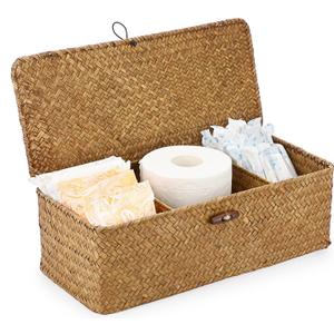 Sumnacon Small Woven Basket for Shelf, Wicker Shelves Storage Baskets with Sections Seagrass Storage Bin with Lid for Tampon Toiletry Rectangular Storage Basket for Bathroom Table Desk Caramel