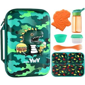 Kids Lunch Box Bag Set - 3D Dinosaur Lunch Bags for Boy with Containers Reusable Complete Lunch Kit Included 3-Compartment Lunchbox Leakproof Insulated Lunchbag Sets for Toddler School Lunch Supplies