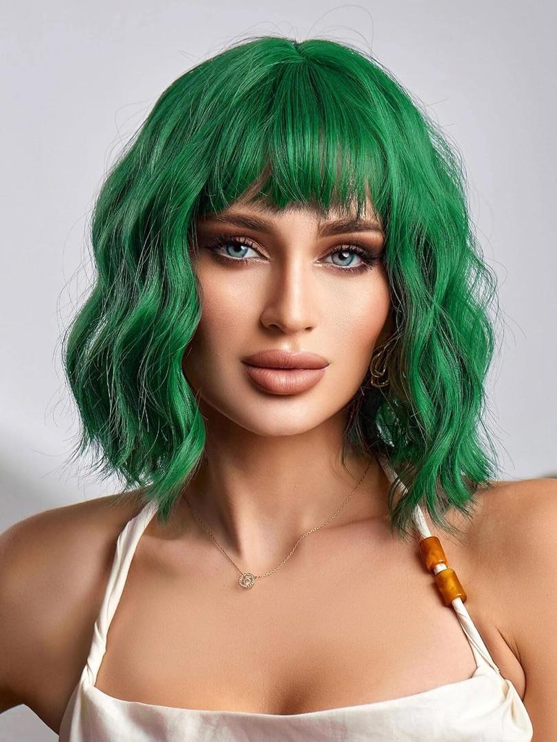 LOSMOEER Green Wig with Bangs Short Wavy Wigs for Women Shoulder Length Curly Bob Wigs Heat Resistant Synthetic Wigs for Halloween Cosplay Daily Party Use (14 Inch)