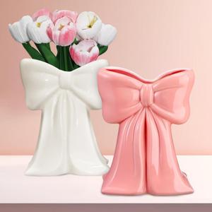 2Pcs Coquette Pink Ceramic Bow Vases for Home Living Decor | Bow Vases for Centerpieces Pink White Vase Makeup Brush Pen Holder for Home Office Table Wedding Living Room Boho Decor