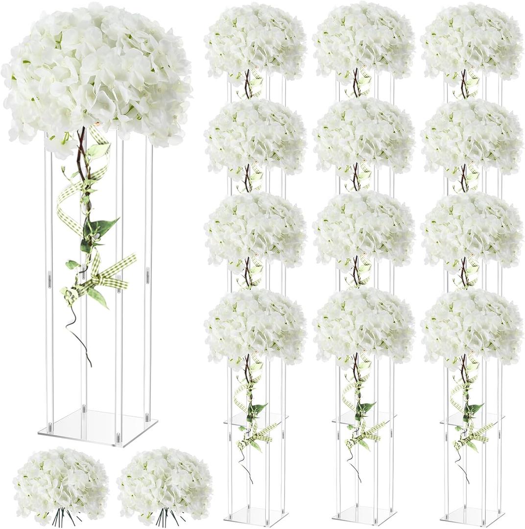 Geetery Tall Acrylic Wedding Flower Stand Centerpieces Clear Elegant Vase Column Stand with Artificial Hydrangea Flowers for Wedding Party Table Home Decorations(12 Pcs,28 Inch)
