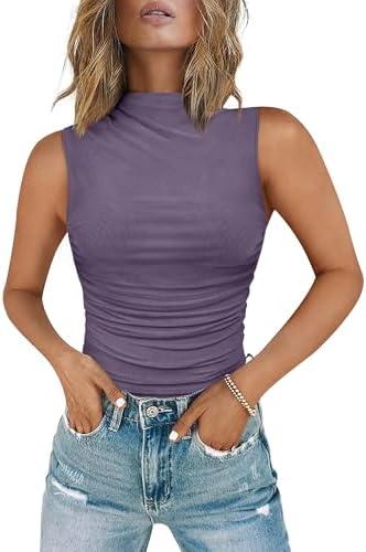 Chunpin Women's Mock Neck Mesh Sleeveless Bodysuit Ruched Going Out Tops Thong Body Suits, S