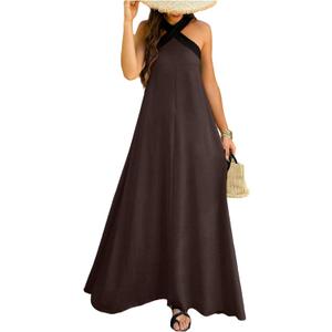 OYOANGLE Women's Color Block Criss Cross Sleeveless Flowy Maxi Dress Beach Vacation Dresses, Small