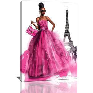 African American Canvas Wall Art Pink Dress Women Fashion Black Girl Pictures Decor Paris Eiffel Tower Painting Prints Modern Framed Artwork for Home Bedroom Bathroom Living Room Office 16"x24"