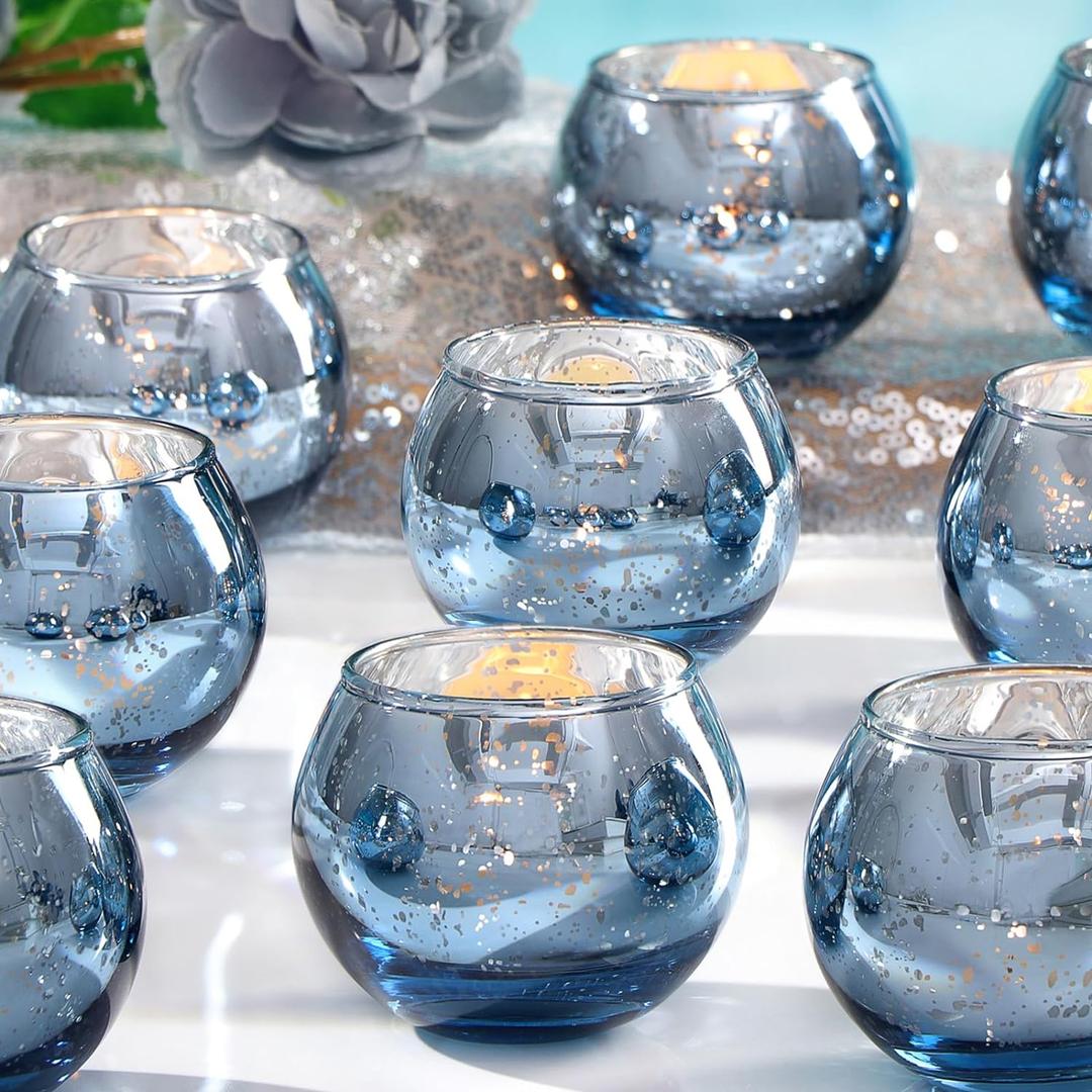 LAMORGIFT 12 Pcs Blue Votive Candle Holders- Blue Centerpieces for Tables, Round Mercury Glass Candle Holder for Bridal Shower Decorations, Wedding Decor