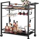 Bar Cart,Home Bar Serving Cart with Storage Shelves, 2 Tier Rolling Beverage Cart with Wheels, Modern Wine Cart with Wine Rack and Glass Holder for Kitchen, Living Room,Dinning Room,Brown