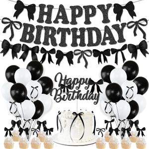 Black Bow Birthday Party Decorations, Girl Bow Birthday Decortions, Black White Balloons, Bows Banner Garland, Bows Cake & Cupcake Toppers and Satin Ribbon for Bow Party Decor