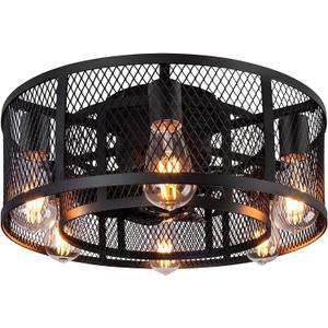 Ohniyou Cage Ceiling Fan with Light - 21'' Farmhouse Flush Mount Ceiling Fan Remote Control, Small Bladeless Caged Ceiling Fan for Kitchen Bedroom (Black)