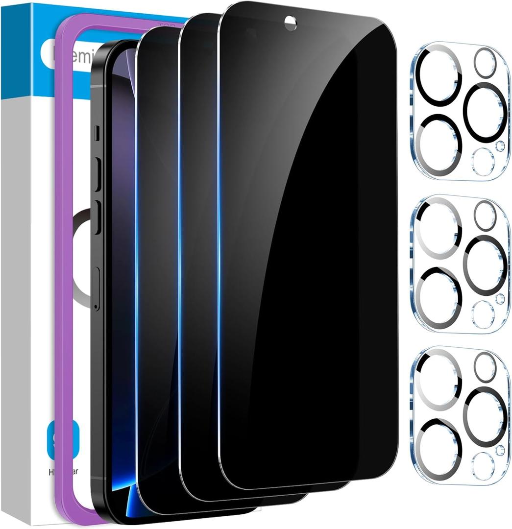 Fotbor [3+3 Pack iPhone 16 Pro Privacy Screen Protector with Camera Lens Protector, Anti Spy Private Full Coverage Bubble Free 9H Hardness Tempered Glass Film 6.3 Inch with Easy Installation Kit