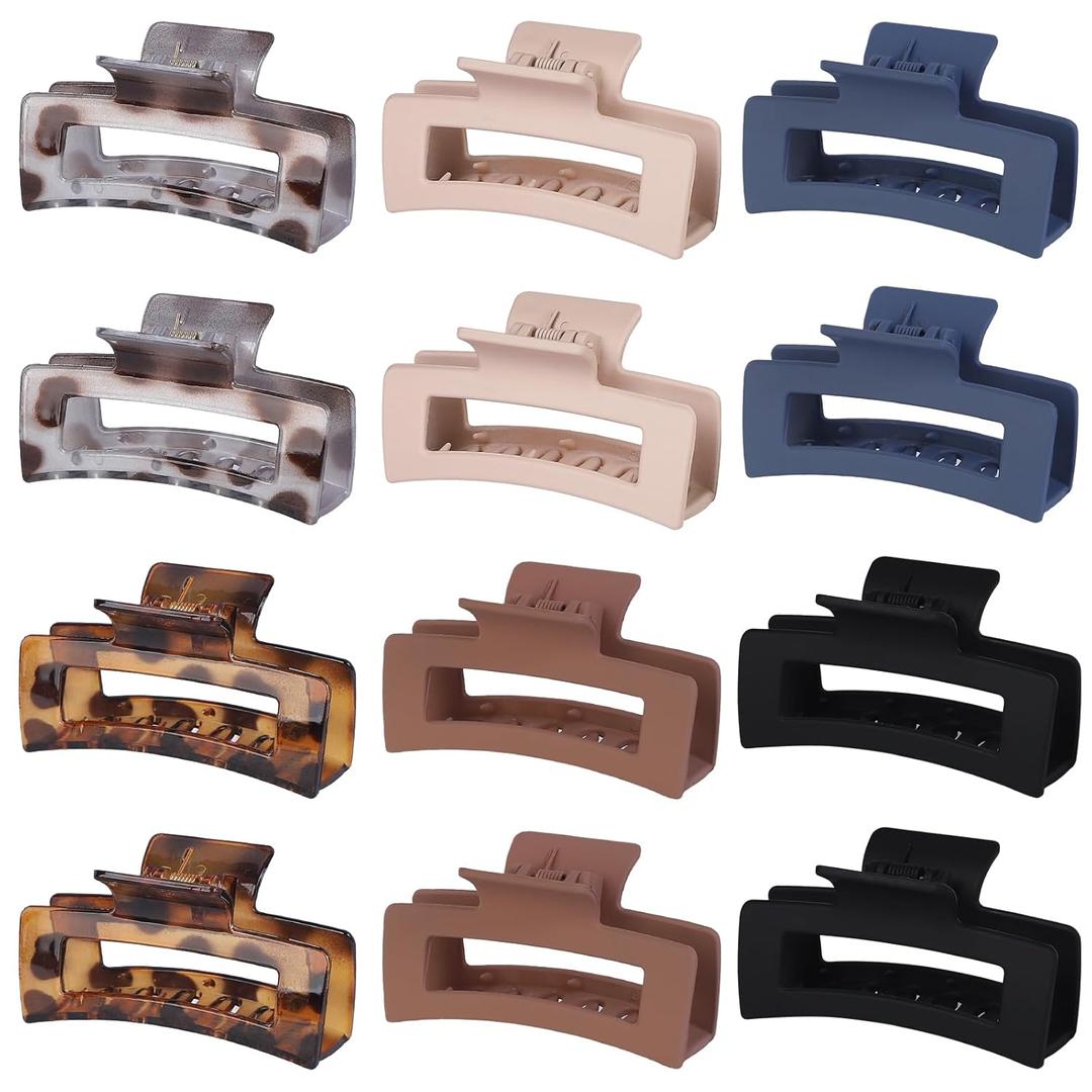 12 Pack 3.5 Inch Matte Square Hair Claw Clips for Women, Strong Hold Neutral Claws for Thick Thin Hair(Leopard Print)