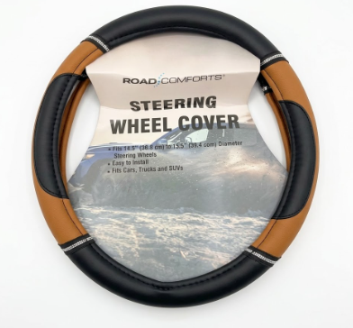 Road Comforts Steering Wheel Cover Black Tan Universal Fits 14.5 15.5 Inch Cars