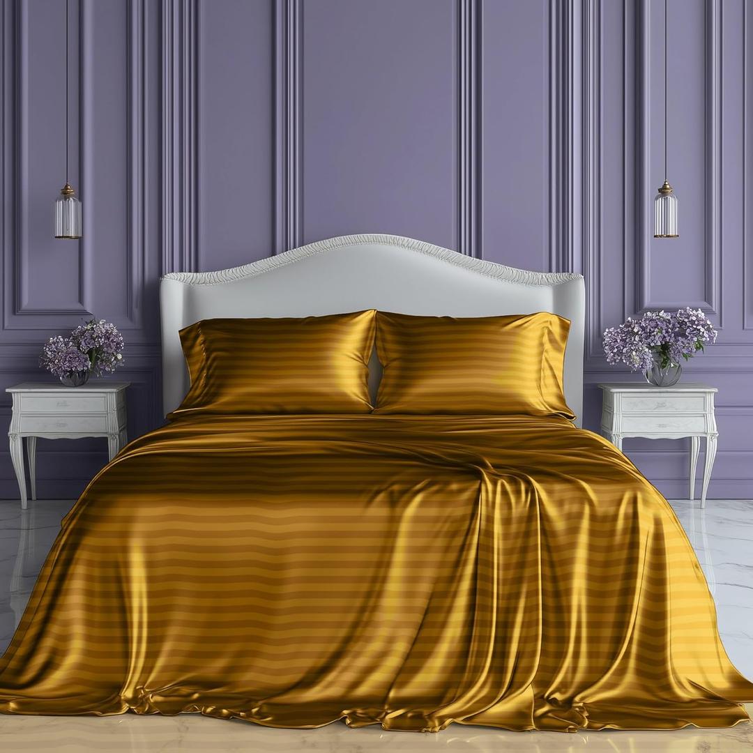 SLEEP SANCTUARY Satin Sheets Queen Size  4 Piece Luxury Silky Bed Set, Softer Than Silk, 15" Deep Pocket, Cooling & Wrinkle-Free, Moisture-Wicking & Breathable for Hair & Skin (Striped Gold)