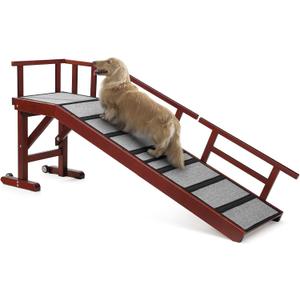 Dog Ramp for Bed or Couch, Wooden Pet Ramp with 20 Gentle Slope, Removable Side Rails, Non-Slip Surface, Top Platform & Wheels, Safe Bed Ramp for Small, Large & Senior Dogs, 60" Long, Mahogany
