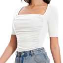 Amoretu Women's 2025 Ruched 1/2 Sleeve T-Shirts Square Neck Fitted Going Out Tops (White, M)