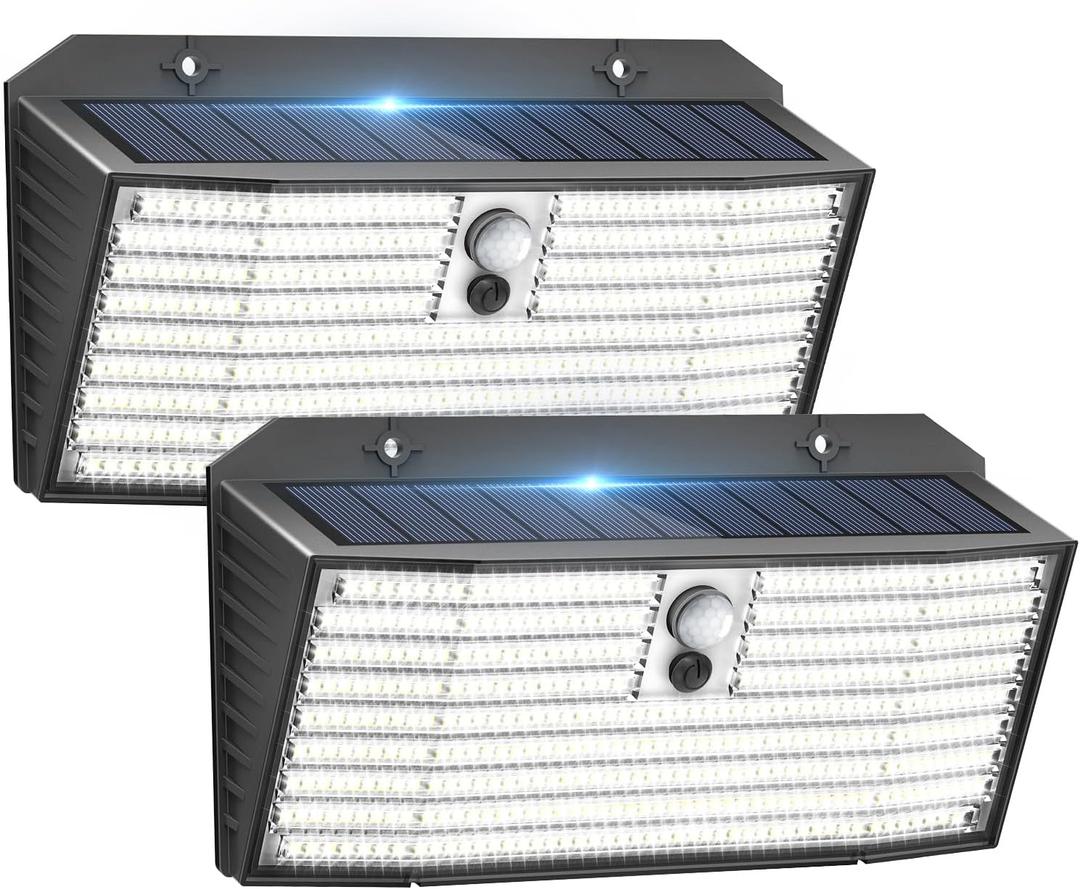 Upgraded Solar Lights Outdoor, 2 Pack 418 LED Motion Sensor Outdoor Lights, 3 Modes Security Light, IP65 Waterproof Solar Powered Wall Light for Outside Yard Garage Deck Fence