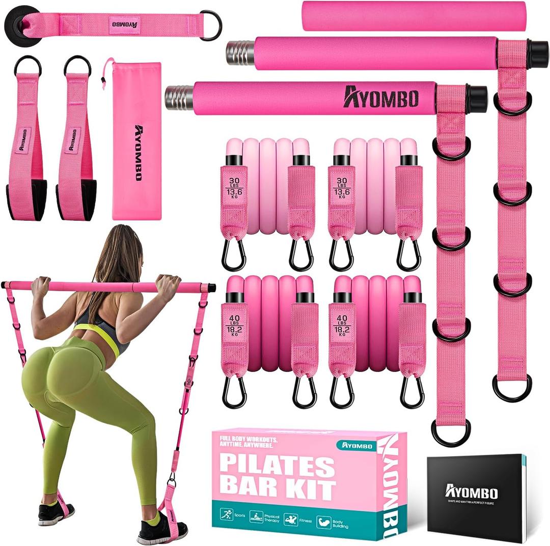 Pilates Bar Kit With Resistance Bands, Workout Equipment for Legs, Hip, Waist, Arm, Squats Exercise Equipment for Home Workouts, Adjustable 3-Section Bar Kit for Women & Men (1-Pink)