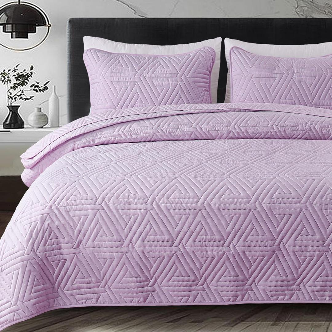 Soft Twin Size Quilt Set for All Seasons, 2-Piece Ultrasonic Geometric Quilts Bedding Set, Lightweight Reversible Bedspread, Coverlet, Bed Cover with Pillow Sham, Light Purple
