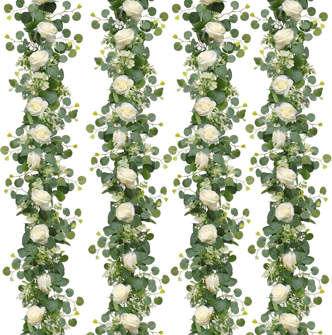 TOCHGREEN 4Pcs(26 Ft) Artificial Eucalyptus & White Rose Flower Garland, Faux Rose Vine & Gypsophila Greenery for Party & Wedding Decor (White, 4PCS)