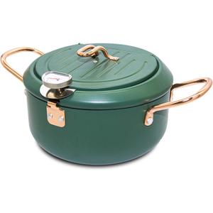 Japanese Tempura Deep Fryer Pot with Fahrenheit Thermometer 2.3L- Nonstick Carbon Steel Oil Fryer, Fried Tempura/Chicken/Fish/Shrimp, Easy Clean, Green Tempura Pan, 8.2inch