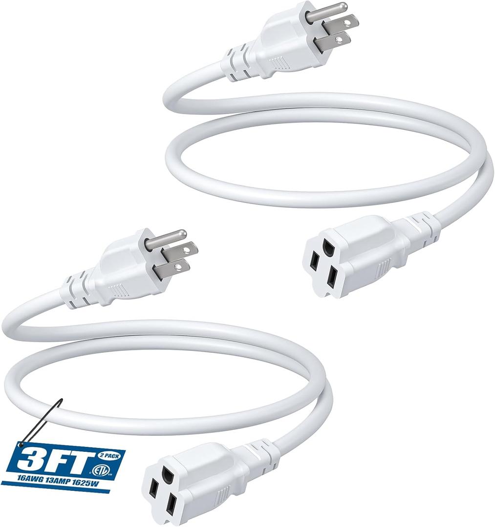DEWENWILS 3 Foot Extension Cord, 16 AWG SJTW Weatherproof Power Cable for Indoor Use, 3 Prong Grounded Outlets Plugs, ETL Listed, White, 2 Pack