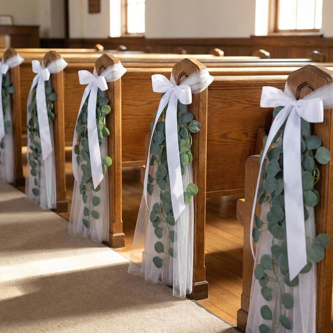 24 Set Wedding Aisle Chair Decorations White Long Tulle Tails Chair Sashes with Ribbon Bows and Artificial Eucalyptus Vine for Wedding Church Ceremony Pew Chairs Aisle Bulk