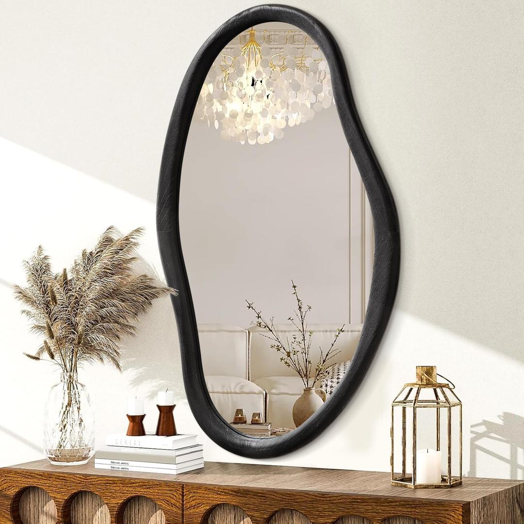 JJUUYOU Irregular Mirror Black Asymmetrical Wooden Wall Mirror 36"x24" Large Home Decorative Wall Mounted Vanity Hanging Mirrors for Bathroom Dressing Room Living Room