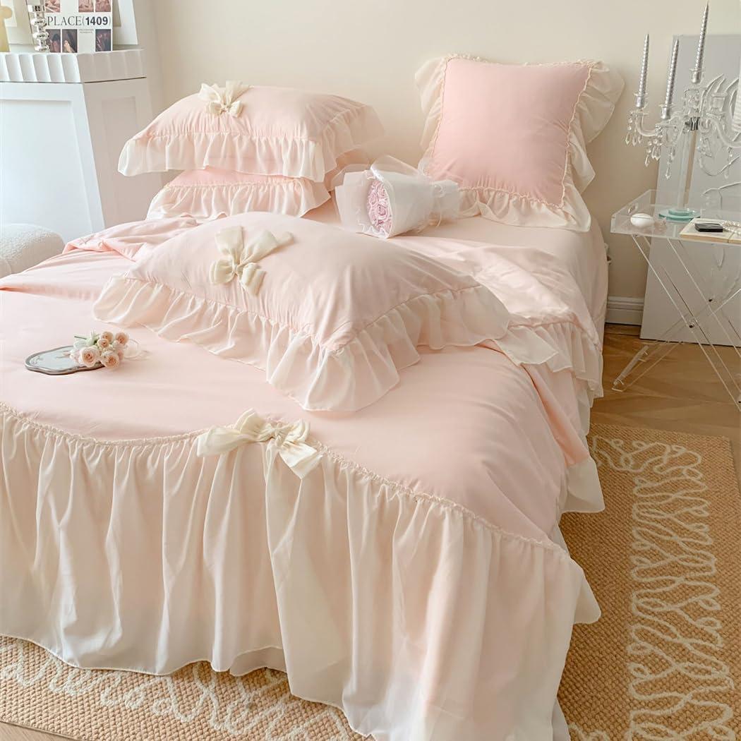 IHOUSTRIY Duvet Cover Queen Size, Ruffle Bedding Set with Bowtie, 3 Pieces Comforter Cover Set with Zipper Closure, Girl Princess Bedding with Pillowcase - Light Pink, Queen